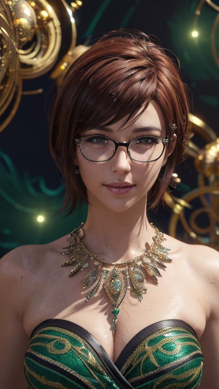 close-up,  upper body. Short, red hair, green eyes,  metal-framed glasses , green strapless dress, joyful smile, cheerful girl . (masterpiece, top quality,  Best quality,  official art ,  beautiful and aesthetic :1.2),  extremely detailed ,( fractal art :1.2),Colorful,The most detailed, (dynamic pose), (abstract background:1.5), (Lots of spirals :1.4). ((SPLIT.  skin texture , shiny skin. elegance. photorealism.  unreal engine .  3d Model.  Ultra high quality textures.  high detail . permission 8k))