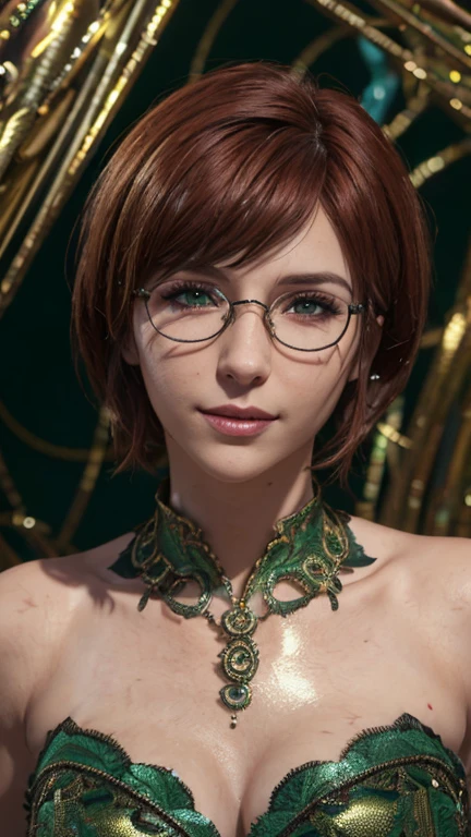 close-up,  upper body. Short, red hair, green eyes,  metal-framed glasses , green strapless dress, joyful smile, cheerful girl . (masterpiece, top quality,  Best quality,  official art ,  beautiful and aesthetic :1.2),  extremely detailed ,( fractal art :1.2),Colorful,The most detailed, (dynamic pose), (abstract background:1.5), (Lots of spirals :1.4). ((SPLIT.  skin texture , shiny skin. elegance. photorealism.  unreal engine .  3d Model.  Ultra high quality textures.  high detail . permission 8k))