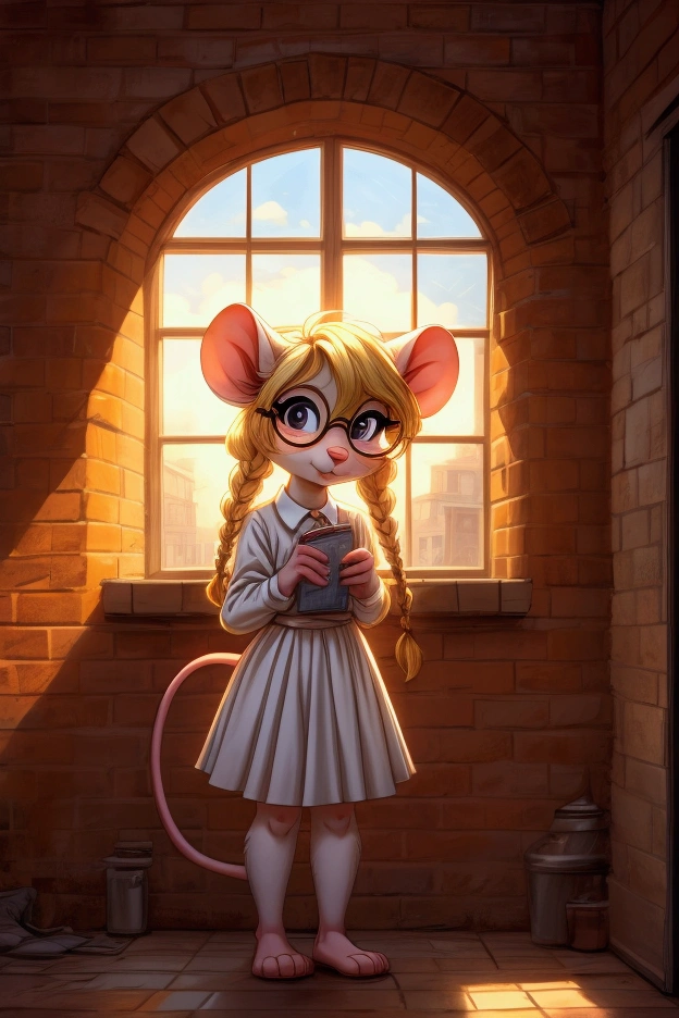 A nerdy dorky young grade 5 mouse girl with white fur and blonde hair in braids and large round glasses looking out the second floor window of a brick building over a pharmacy on an inner-city street, in a cute anthro cartoon style