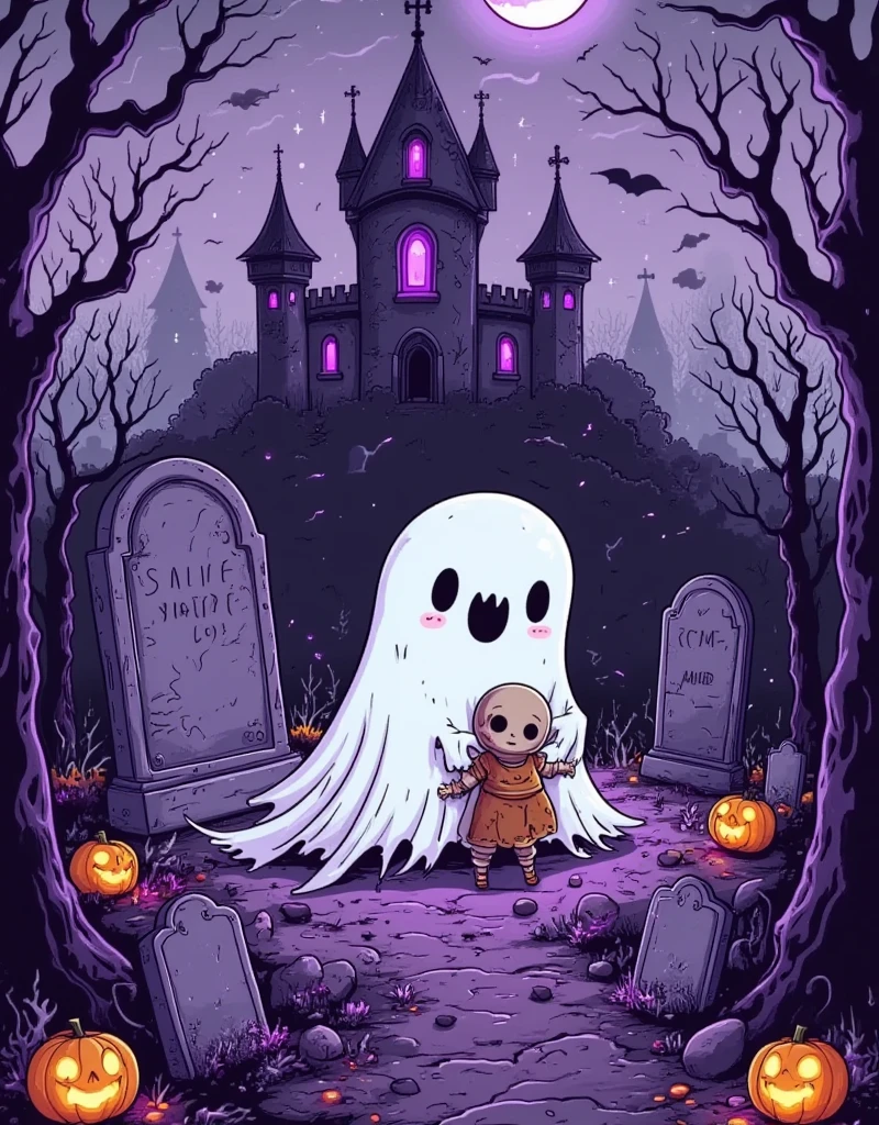  Halloween themed haunted house ， A cute little ghost lying in bed resting ， The bed is in a strange room with a mysterious lighthouse atmosphere。 The ghost gently grabs a doll in worn out clothes ， a weird and charming scene ， The interior of the haunted house has the beauty of ancient wooden carvings ， with mysterious purple lights ， illusions and strange sounds ，Spooky，The scene combines fun 、 and a whimsical character design with ， with a weird Halloween theme ， two-dimensional flat cartoon ， hand-painted graffiti ，Minimalism，Line Drawing，Stroke，Smooth lines， with clear strokes ， The shape is cute and simple，High color saturation ，White Space