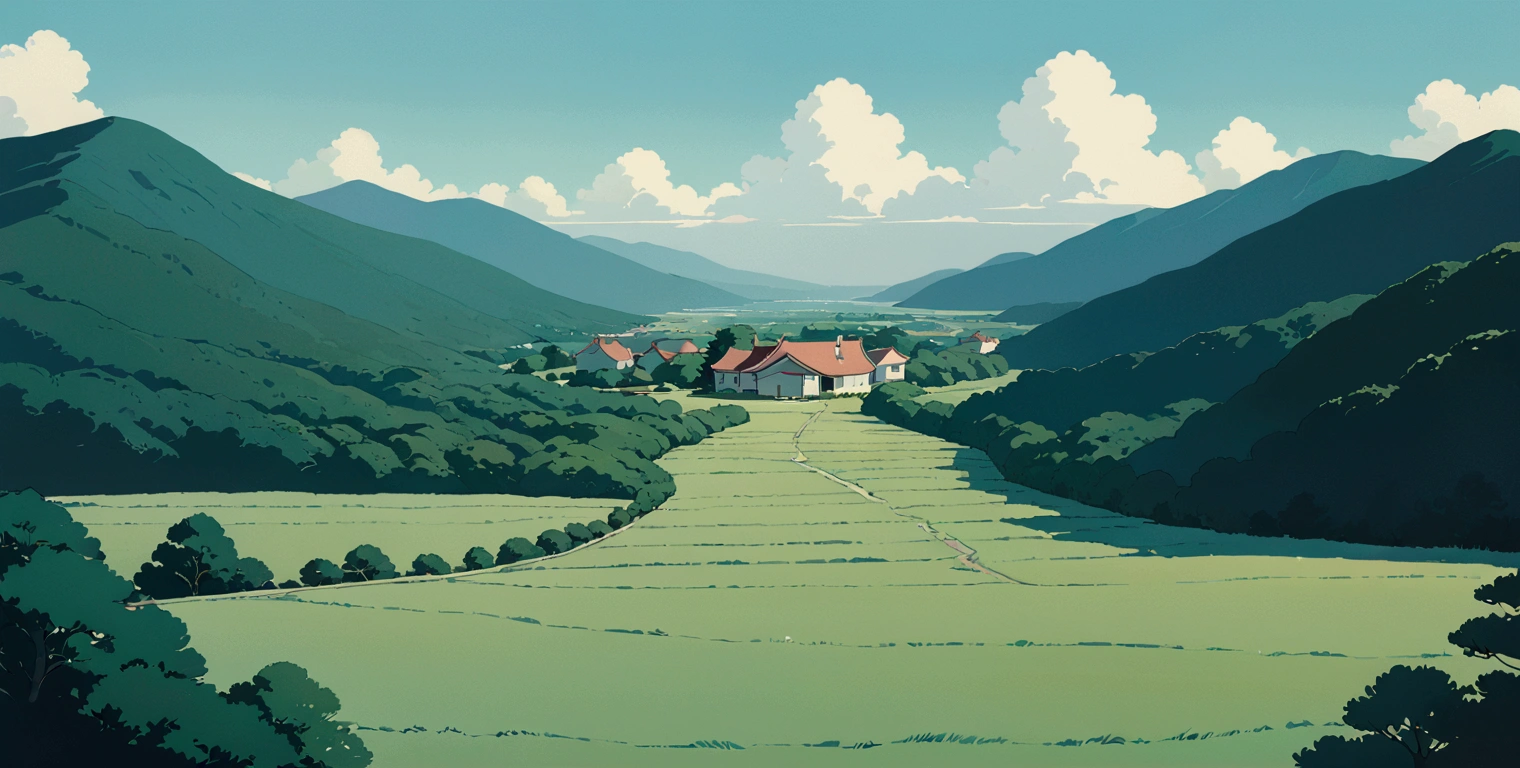 (minimalism:1.4), Lofi anime style, Studio Ghibli art, Miyazaki ,pastel , cute ,minimalist , SPIRITED AWAY  ,No one is there , No people , Landscape , Japanese