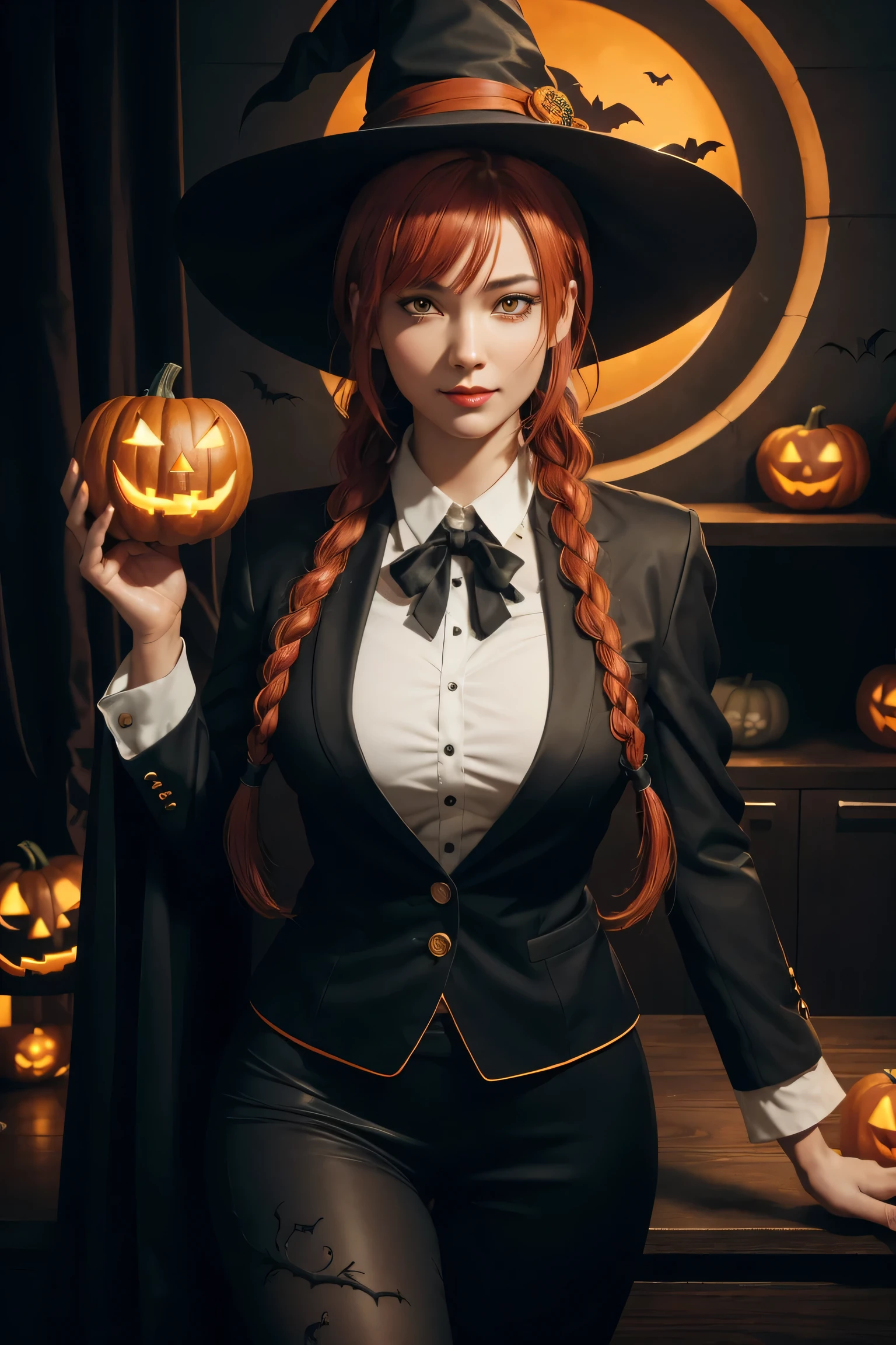 Makima,With bangs,Red Hair,Braids at the back,White Shirt,Black tie,Black Suit,Yellow Eyes , super high image quality ,super high quality,masterpiece, dslr , photorealistic,Detailed details,Vivid details,Depicted in detail,, detailed face in a business suit,Detailed details,Super Detail, Realistic Skin Texture ,Anatomical basis, Perfect Anatomy, anatomically correct hand from a bird's-eye view, Anatomically Correct Fingers , intricate 3d rendering , sexy pose,Beautiful night view,smile,Halloween, Halloween Party , Jack O Lantern,Halloween Night, neon color ,Witch Costume,Red lips,Midnight Forest,Witch Hat,Happy Halloween,