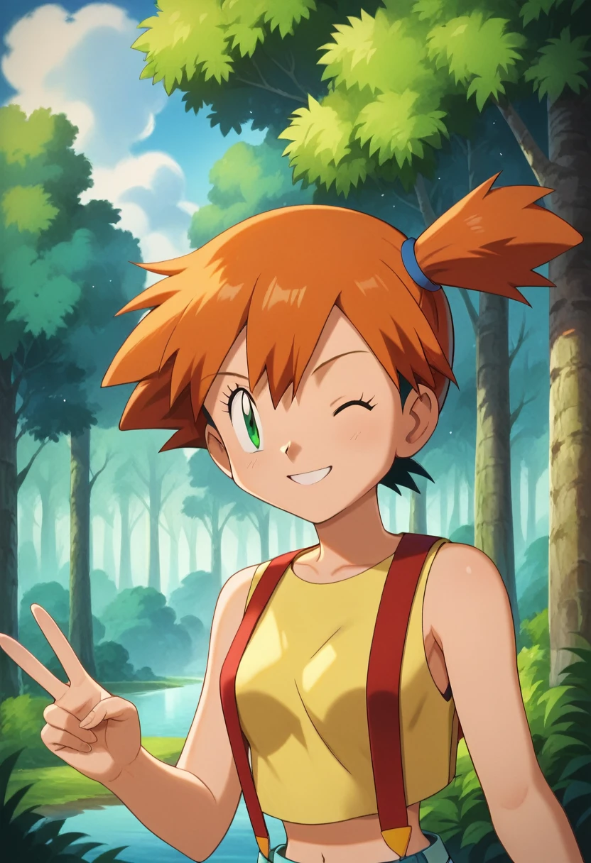 (master piece), (best quality), (8k), (ultra high resolution), (highest quality), (anime style), (best writing), (beautiful face), (masterpiece), (highest quality), (detailed beautiful face and eyes), (textile shading), (upper body), (forest), 1 boy, ash ketchum, black hair, short hair, brown eyes, hair between eyes, red baseball cap, open blue jacket, black t-shirt, blue jeans, 1girl, misty \(pokemon\), aqua eyes, orange hair, bangs, side ponytail, hair tie, short hair, yellow shirt, sleeveless, midriff, red suspenders, blue shorts, red sneakers, small breasts, beautiful breasts, smile, one eye closed, peace, photograph of beautiful 1 couple