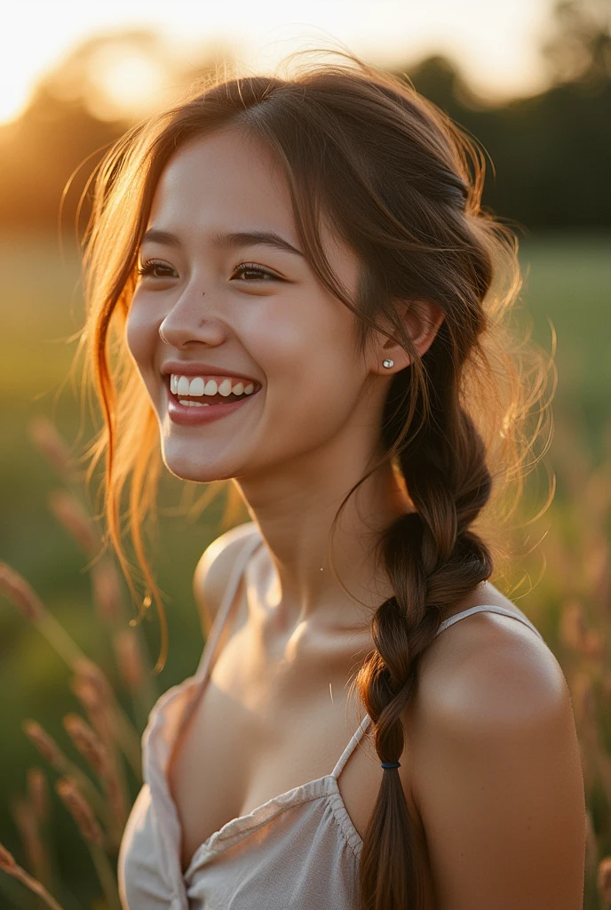 A candid film photograph of a girl with long brown hair in a loose braid, wearing a flowing summer dress. She is captured mid-laugh, looking away from the camera, her face and upper body bathed in the golden light of sunset. The outdoor setting and film grain create a dreamy, ethereal mood, reminiscent of classic film portraits. High quality, with an emphasis on natural beauty and emotion.lora:Film photography XL:0.8