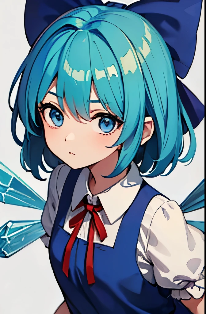 1girl, cirno (touhou), short hair, blue hair, ice wings, fairy wings, blue eyes, bangs, white shirt, collared shirt, puffy short sleeves, blue dress, pinafore dress, red ribbon, neck ribbon, blue bow, green bow, hair bow, bow,