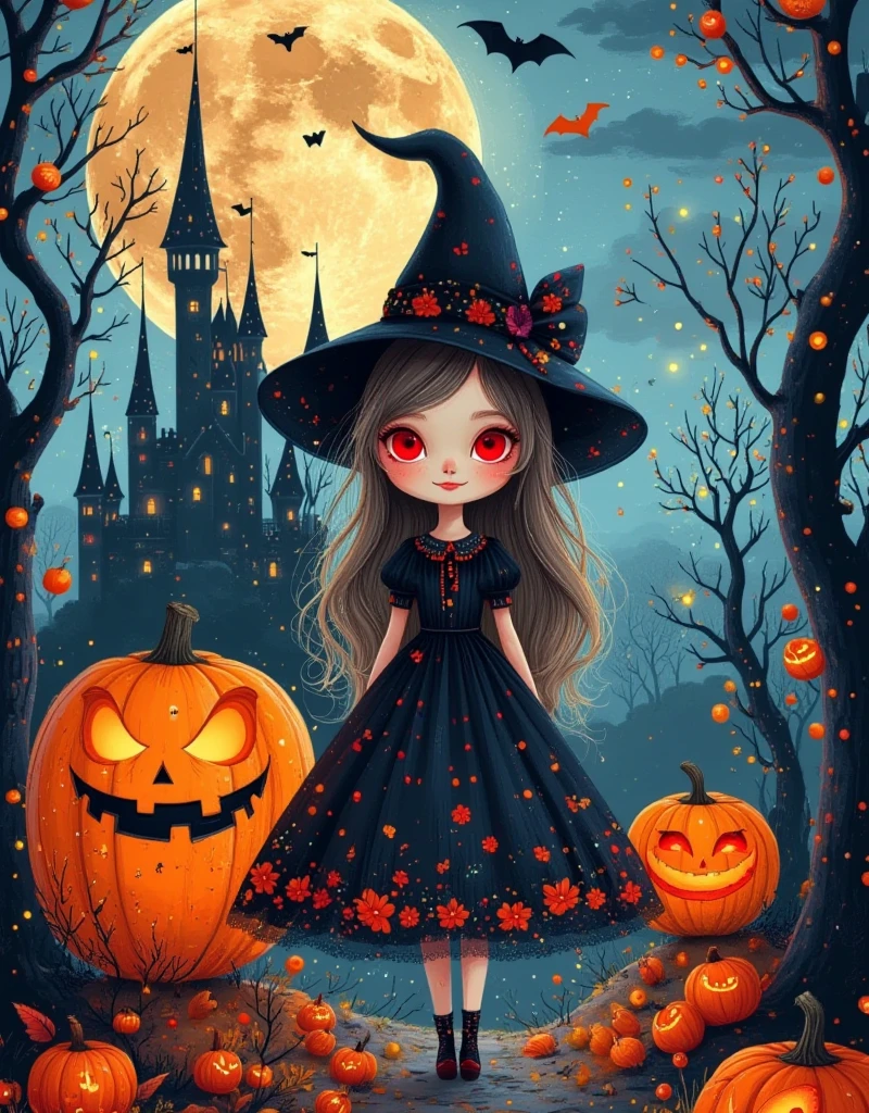  Whimsical Halloween witch ， wears a vibrant and playful magic costume ， stands in a magical forest full of colorful magic splashes， Hellbringer ，Red Eye，Crescent ，Red Moon，Borg ，pumpkin，bat， A fantastic world ， cute cartoon design style ，night，Sky，Chop the moon，The background is a gothic castle 。 two-dimensional flat cartoon ， hand-painted graffiti ，Minimalism，Line Drawing，Stroke，Smooth lines， with clear strokes ， The shape is cute and simple，High color saturation 。White Space，