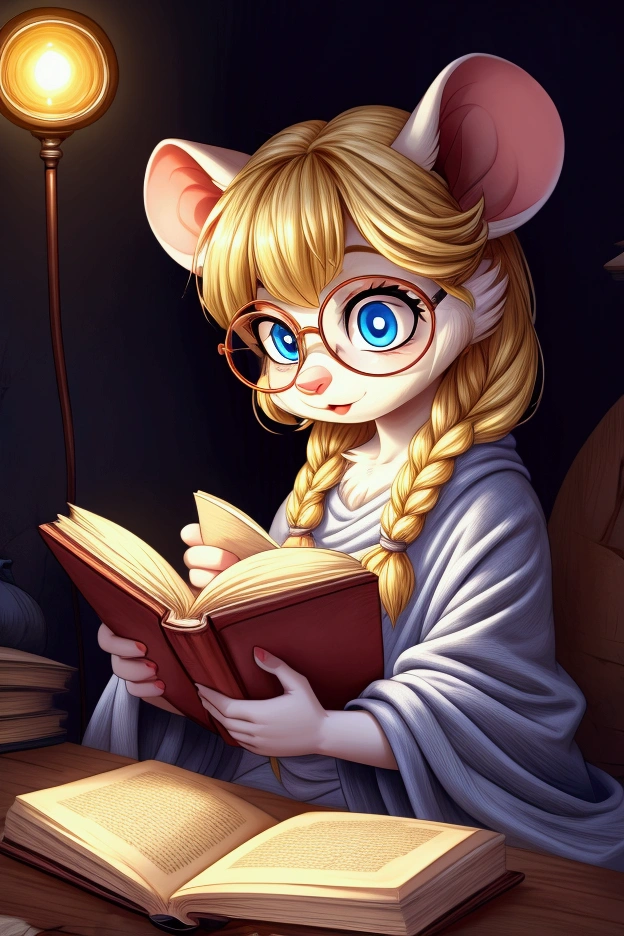 A nerdy dorky young  mouse girl with white fur and blonde hair in braids and blue eyes and large round glasses reading a book under the blankets with a flashlight, in a cute anthro cartoon style