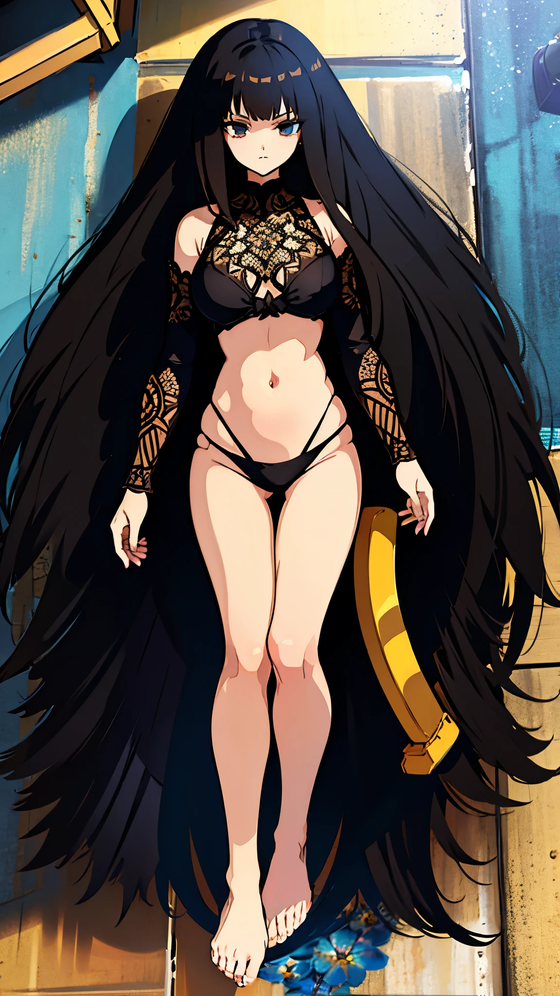 ultra high res, Best quality, poolside,  UHD, long black hair, black bikini, looking at the something far away with a stern expression, barefoot, anime style, intricate details, line:-3.5, sharpen, 32k, plain, masterpiece, intense gaze, dark eyelashes, slightly hanging eyes,