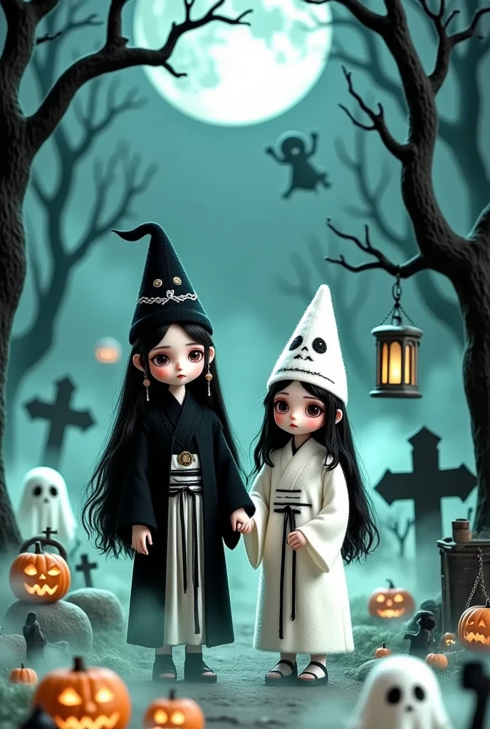 2girls, bare tree, bat, black eyes, black hair, blurry, blurry background, blurry foreground, blush, branch, chick, depth of field, forest, ghost, ghost costume, graveyard, halloween, halloween bucket, halloween costume, hat, holding hands, Jack-o'-lantern, japanese clothes, lantern, long hair, long sleeves, looking at viewer, moon, multiple girls, nature, night, open mouth, outdoors, pumpkin, pumpkin hat, silk, skull, spider web, standing, tombstone, tree, twins, water, wide sleeves，Ghosts and pumpkins