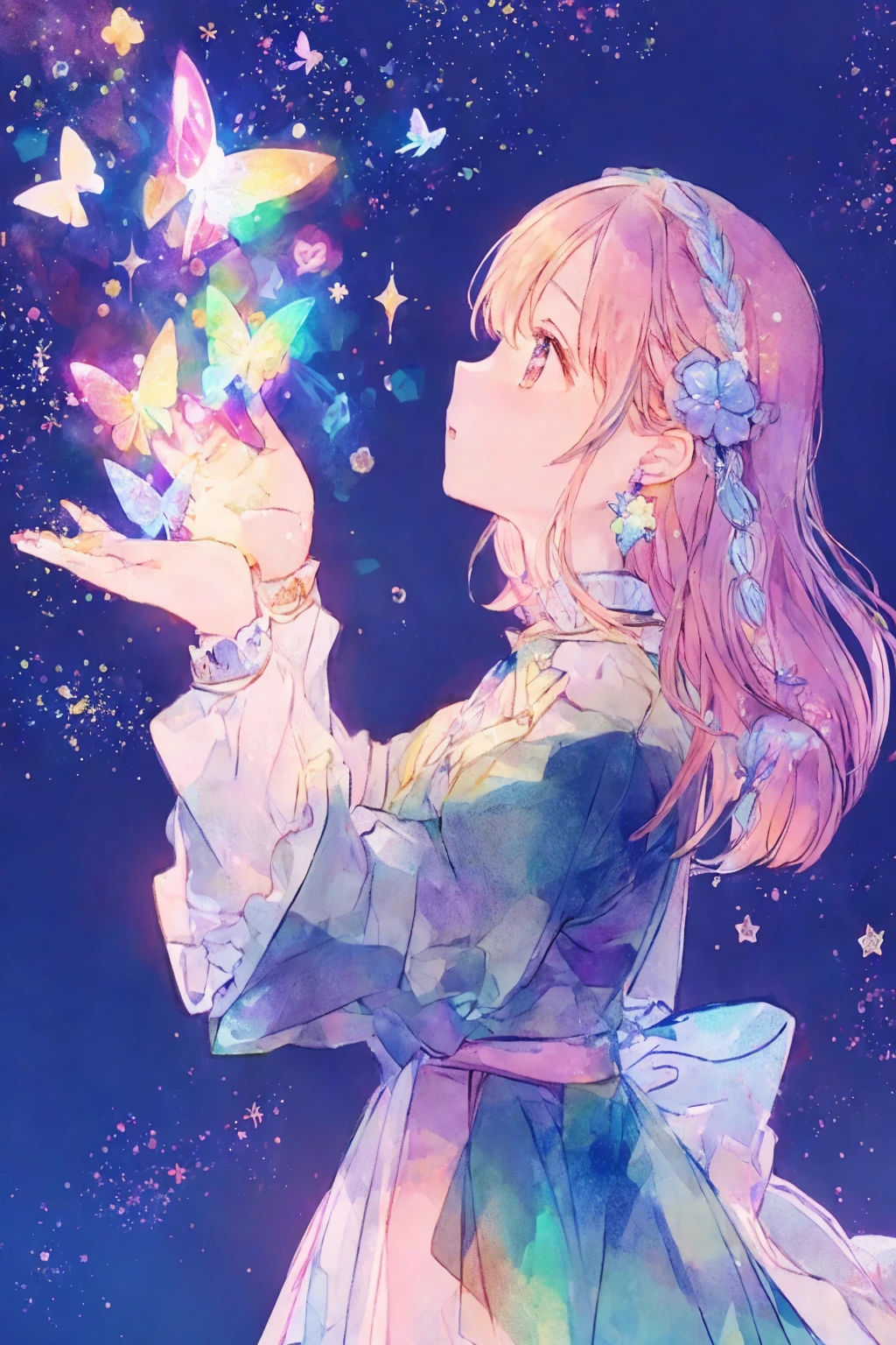 anime smiling girl with butterfly in hand and stars in the sky, dreamy psychedelic anime, sparkling magical girl, beautiful anime art style, beautiful anime art, beautiful anime artwork, holding magic flowers, anime visual of a cute girl, portrait of magical girl, beautiful anime portrait, ethereal anime, anime illustration, beautiful anime, marin kitagawa fanart, beautiful anime style, (anime girl)