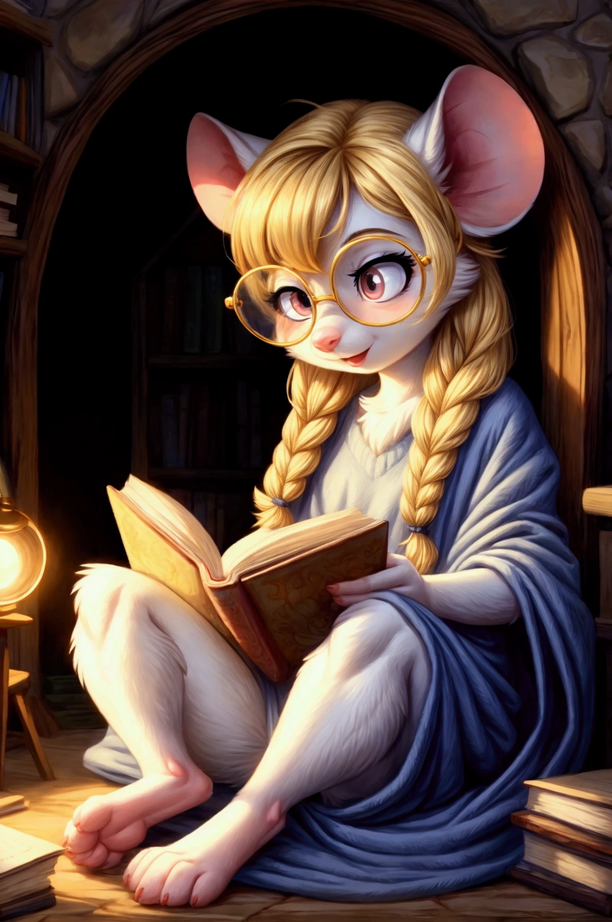 A nerdy dorky young grade 5 mouse girl with white fur and blonde hair in braids and blue eyes large round glasses reading a book inside a blanket fort with a flashlight, in a cute anthro cartoon style