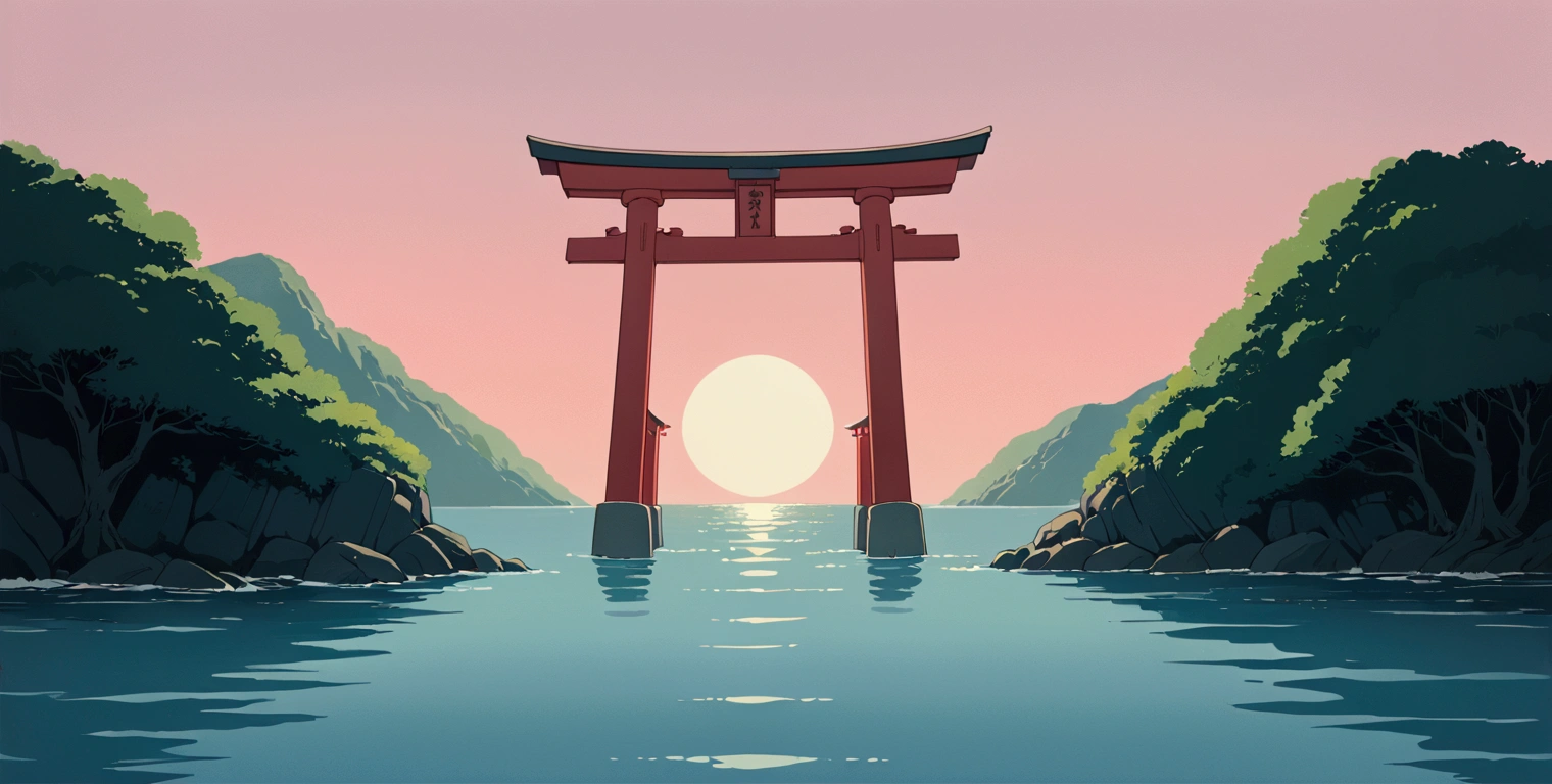 (minimalism:1.4), Lofi anime style, Studio Ghibli art, Miyazaki ,pastel , cute ,minimalist , SPIRITED AWAY ,No one is there , No people , Landscape ,Torii gate in the middle of the sea