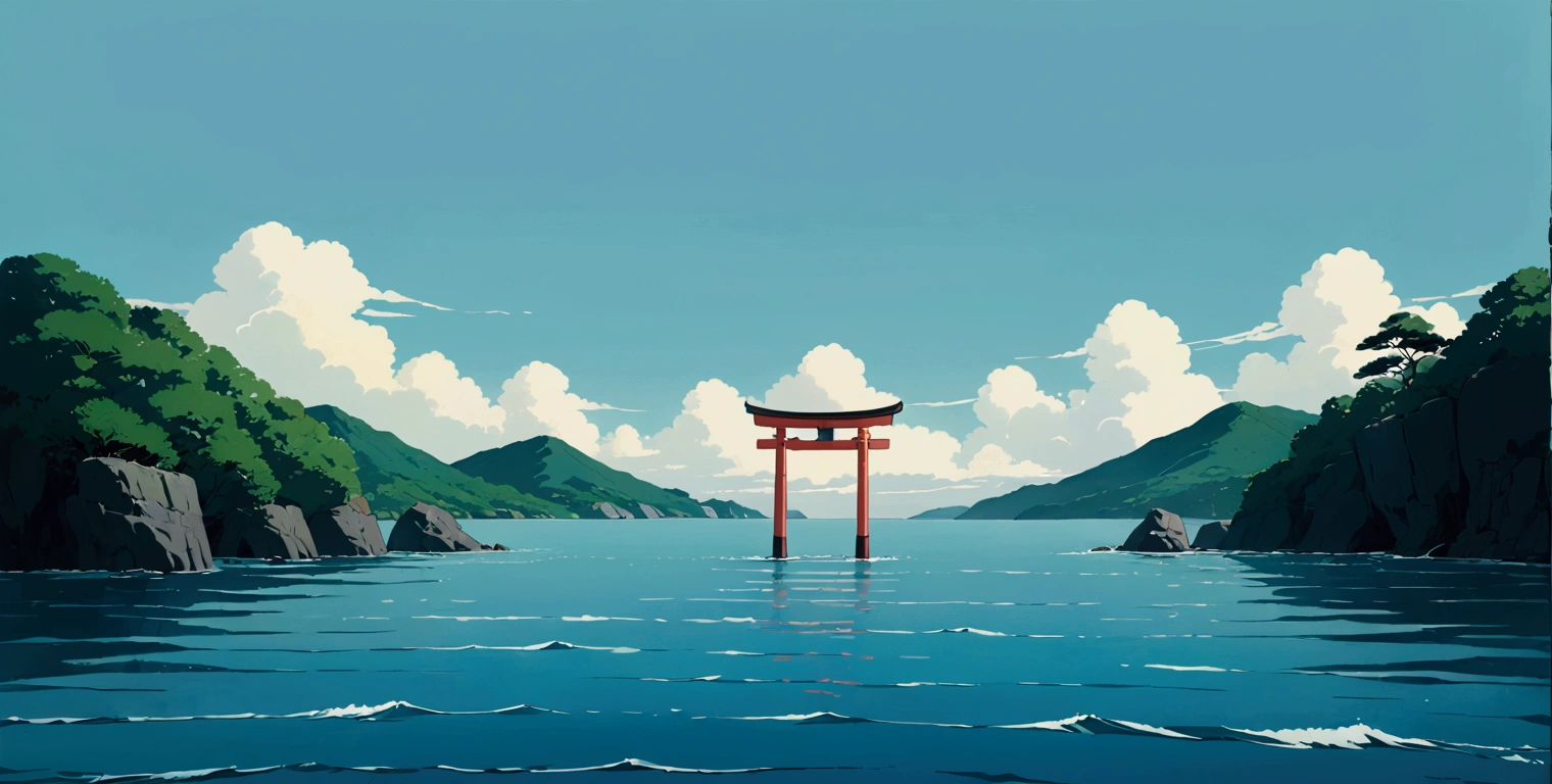 (minimalism:1.4), Lofi anime style, Studio Ghibli art, Miyazaki ,pastel , cute ,minimalist , SPIRITED AWAY ,No one is there , No people , Landscape ,Torii gate in the middle of the sea