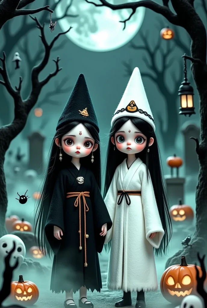 2girls, bare tree, bat, black eyes, black hair, blurry, blurry background, blurry foreground, blush, branch, chick, depth of field, forest, ghost, ghost costume, graveyard, halloween, halloween bucket, halloween costume, hat, holding hands, Jack-o'-lantern, japanese clothes, lantern, long hair, long sleeves, looking at viewer, moon, multiple girls, nature, night, open mouth, outdoors, pumpkin, pumpkin hat, silk, skull, spider web, standing, tombstone, tree, twins, water, wide sleeves，Ghosts and pumpkins