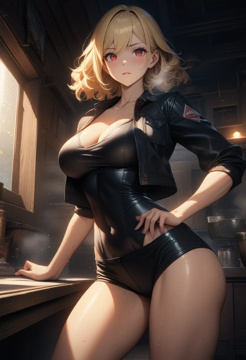 masterpiece,best quality,high resolution,8k,ultra HD,wallpaper,illustration,perfect face,cowboy shot,beautiful detailed eyes,extremely detailed face,perfect lighting,extremely detailed CG,perfect anatomy,perfect body,perfect hands,perfect fingers,1woman,full body,,muscle fighter body,(blonde single left sidetail hair:1.2),red eyes,large breasts,Medium ass,,(black short open jacket ),black short hot pants,clothed,,collarbone,,looking at viewer,(),Steam,sweat, home,(Zenless Zone Zero character Lucy),adult,black helmet,