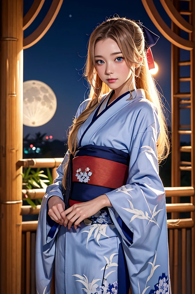  character with arms spread out to the side is wearing a traditional kimono, a full moon behind her, And the ,  1 girl, moon, Alone,  Knight , Long Hair, full moon,  blue eyes , bamboo,  staring at viewers , Japanese clothing,  blond hair