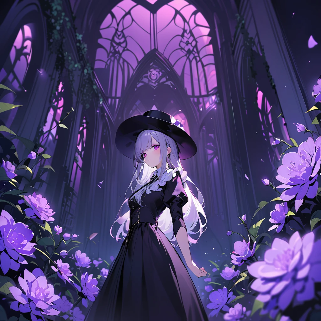 ネオゴススタイルのgirl, Wearing a black dress and a white collar,  wearing a black hat 、Wearing heavy makeup, Standing in a mysterious garden surrounded by vines. The garden is full of deep purple flowers.、Gothic architecture in the background。. girl&#39;Iの髪は黒色、Her hair is in a long braid.、A red rose is pinned to her side。. Her eyes are sharp、It&#39;Stabbing., Thick black eyeliner and long eyelashes. She has pale skin.、Lips bright red.. The atmosphere is gloomy and eerie, Dim lighting casts long shadows. This piece combines digital illustration and photography.., result、そのresult、Incredibly high resolution images。. Most colors are dark、I&#39;gentle, Deep reds and purples create a dark beauty.. The style of the whole image is neo-gothic., Horror,  Portrait Photography , Create a unique and engaging visual experience.Dark Imagery