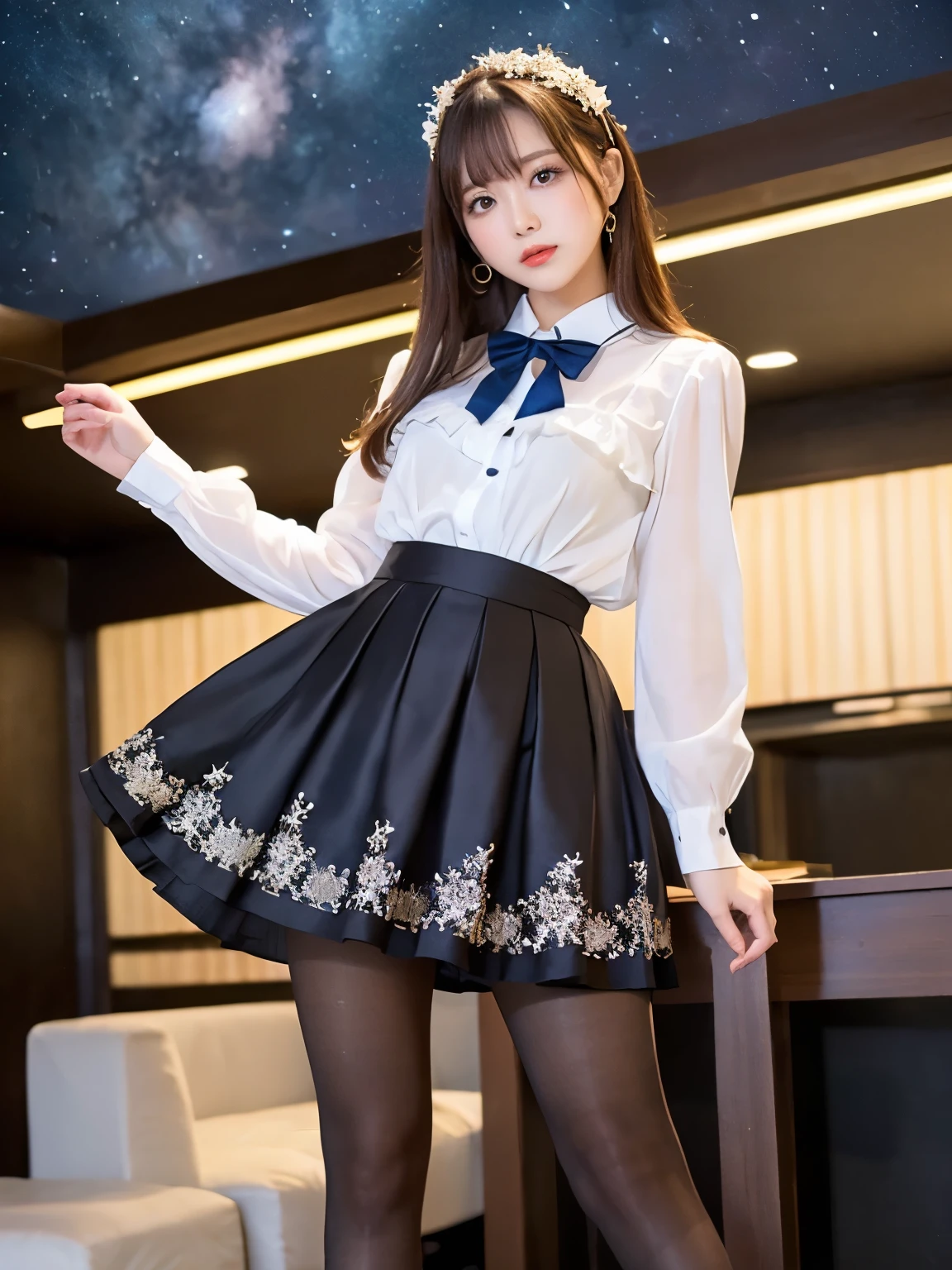 (((masterpiece))), (((Best Quality: 1.4))), ((Super detailed: 1.4)) ,Starry Sky、Attractive beautiful girl、Great looks、Beautiful appearance、Popular Idol、Focus on the starry sky、(Flared skirt dress), ( Super Real Pantyhose :1.3), dress and pantyhose、Bare thighs!!!