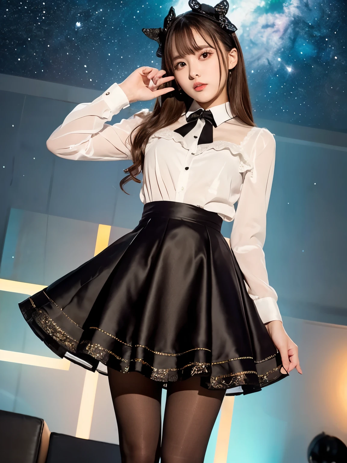 (((masterpiece))), (((Best Quality: 1.4))), ((Super detailed: 1.4)) ,Starry Sky、Attractive beautiful girl、Great looks、Beautiful appearance、Popular Idol、Focus on the starry sky、(Flared skirt dress), ( Super Real Pantyhose :1.3), dress and pantyhose、Bare thighs!!!