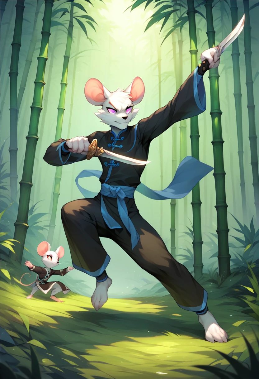 furry， white mouse， white mouse boy ，Chinese Style，Chinese martial arts，White-clothed swordsman，Holding a knife，bamboo forest，with tips ，Cartoon Characters