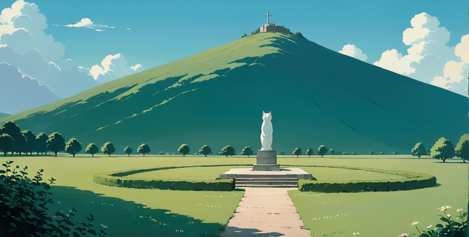 (minimalism:1.4), Lofi anime style, Studio Ghibli art, Miyazaki ,pastel , cute ,minimalist , SPIRITED AWAY ,No one is there , No people , Landscape ,Cat statue