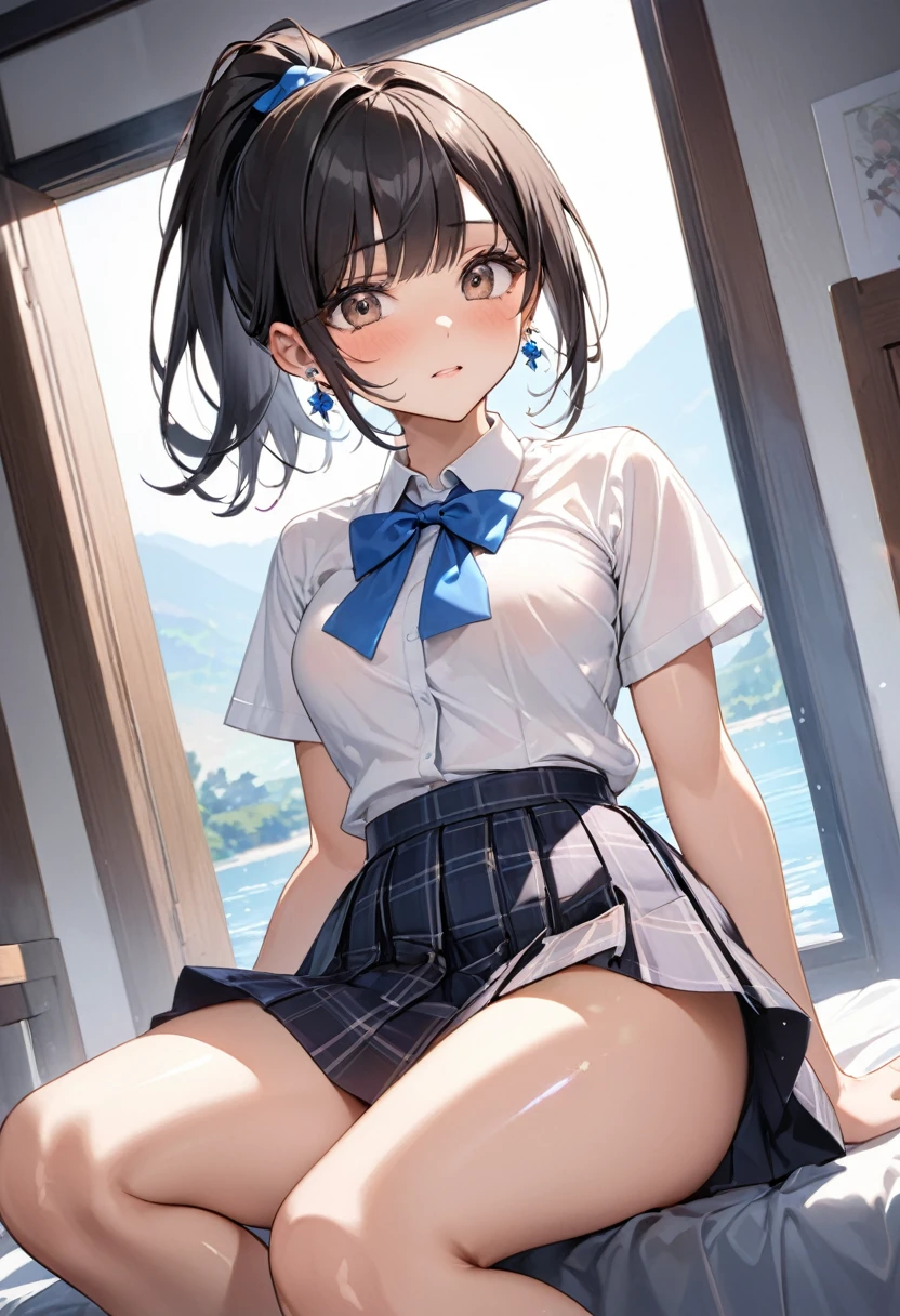 View from below、Embarrassed、Big breasts,Roll up the sleeves of your skirt to show your panties、NUDE、Black Hair、short hair、Hair Ribbon、panties、white panties、(((white panties)))