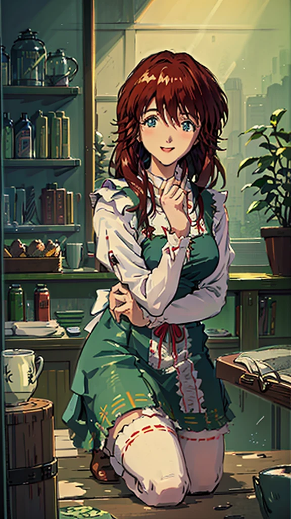 a beautiful maid mana kirishima, blushing, beautiful detailed smile, maid dress, long hair, green eyes, detailed face, intricate details, photorealistic, 8k, highly detailed, cinematic lighting, warm color tones, masterpiece, award winning