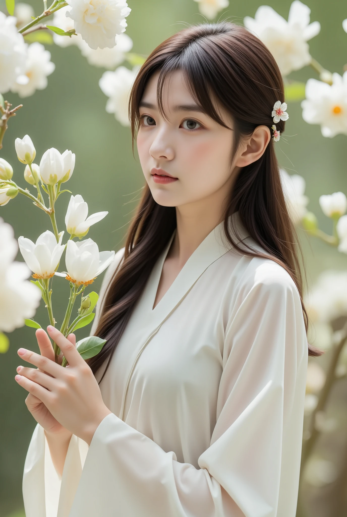 A fine-art style photograph featuring a young East-Asian woman surrounded by an abundance of white flowers. The scene is ethereal and serene, with soft, natural lighting that enhances the delicate, dreamlike quality of the composition. The woman wears a flowing, traditional ivory-colored garment with wide, billowing sleeves. The fabric is light and airy, harmonizing with the white flowers that surround her, giving her an angelic presence. The intricate folds and textures of the dress are captured in detail, adding to the elegant, refined aesthetic of the image.

Her long, dark hair falls gently down her back in soft waves, a few strands catching the light as they move slightly in the breeze. Several delicate flowers are woven into her hair, enhancing the sense of harmony between her and the natural environment. Her expression is calm and thoughtful, with her gaze turned slightly to the side, suggesting quiet introspection. Her soft pink lips and faint blush give her a radiant, almost ethereal beauty.

The white flowers around her are in full bloom, their soft petals forming a gentle frame for the woman. The flowers vary in size, but each is detailed, with pale white petals that glow in the gentle light. The leaves and stems provide a touch of contrast with their cooler, muted tones. The overall lighting is soft and diffused, casting a warm glow over the scene, which enhances the subtle interplay of light and shadow on her face and clothing.

The setting is minimalistic yet rich in texture, allowing the viewer to focus on the woman and the flowers. The background is softly blurred, keeping the attention on the intricate details of the floral arrangement and the woman’s delicate features. Her pose is graceful but relaxed, with one arm gently holding a cluster of flowers close to her body, as if she is cradling them. This gesture adds a sense of connection between her and the surrounding nature, as if she is part of the scene itself.

Overall, this fine-art photograph 