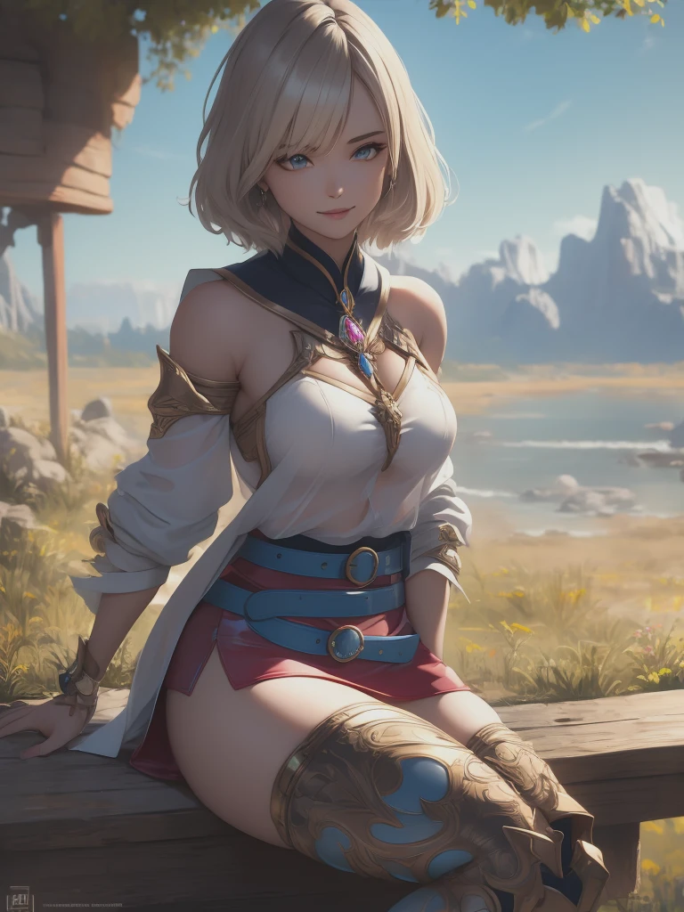 ultra sharp, ultra detailed hair, detailed beautiful face, masterpiece, best quality, absurdres, perfect anatomy, (1girl, solo), good anatomy, Ashelia, short hair, translucent AsheliaOutfit, miniskirt, thighhighs, jewelry, belt, standing, cowboy shot, smile, dynamic pose, dynamic angle, outdoors, plains, hills, dripping wet transparent clothes, (sitting, spreading legs by hands), spread crotch by hands, spread_pussy, (spreading pussy by hands)