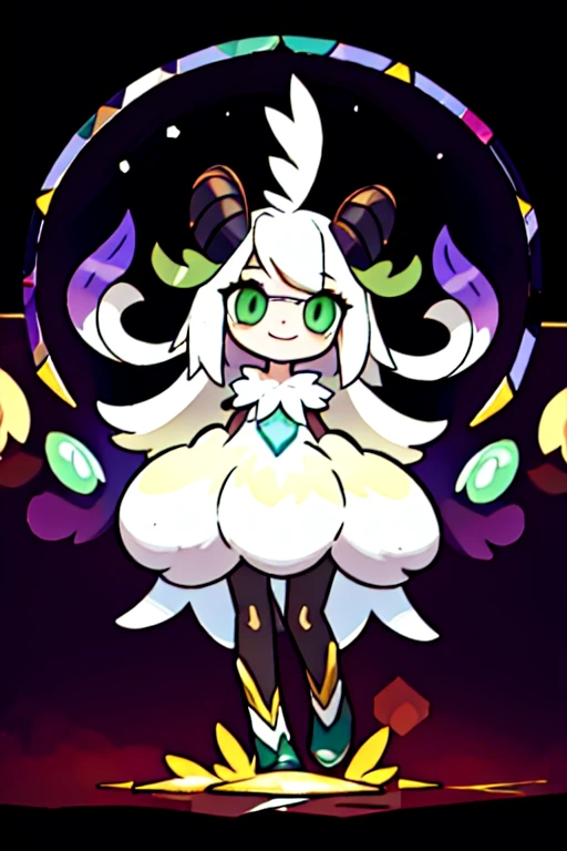 View from below,  bipedal goat girl smiling head-on with divine light on her back, Purple Hair, Green Eyes, White hair,  black goat horn , Fluffy, Standing in the dark, Glowing in the back ,  glasswork flower frame 