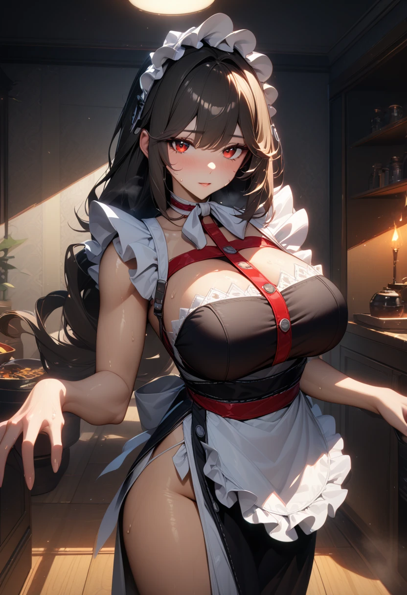 masterpiece,best quality,high resolution,8k,ultra HD,wallpaper,illustration,perfect face,cowboy shot,beautiful detailed eyes,extremely detailed face,perfect lighting,extremely detailed CG,perfect anatomy,perfect body,perfect hands,perfect fingers,1woman,full body,,muscle fighter body,cream long  hair,red eyes,large breasts,Medium ass,,(black long maid dress with white long apron),,clothed,,collarbone,,looking at viewer,(),Steam,sweat, home,(Zenless Zone Zero character Alexandrina Sebastiane Rina),adult,