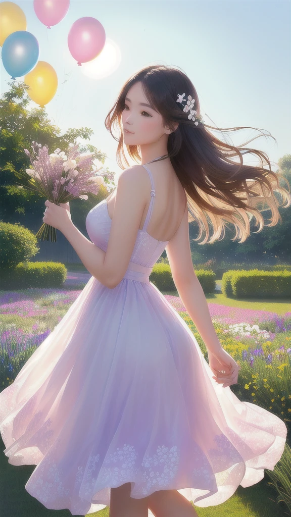 A low-angle photograph captures a Thai woman walking gracefully through a pastel-themed flower garden, holding a bunch of pastel-colored balloons. She is dressed in a light floral pastel dress that flows gently as she moves. Her long, wavy hair floats in the breeze, adding a sense of airiness to the scene. The garden is filled with blooming pink, lavender, and white flowers, with the warm morning sunlight casting a golden glow over everything.

The low angle emphasizes the elegance of the woman and the floating balloons—pale pink, baby blue, and lavender—against a bright, clear sky. The way the sunlight filters through the balloons adds a whimsical, airy effect, and the gentle sway of her dress enhances the sense of movement and freedom.

In the foreground, the large flowers frame her beautifully, and the low angle creates a dreamlike, expansive feel. This perspective brings out the peaceful, playful essence of a calm, pastel-colored morning.