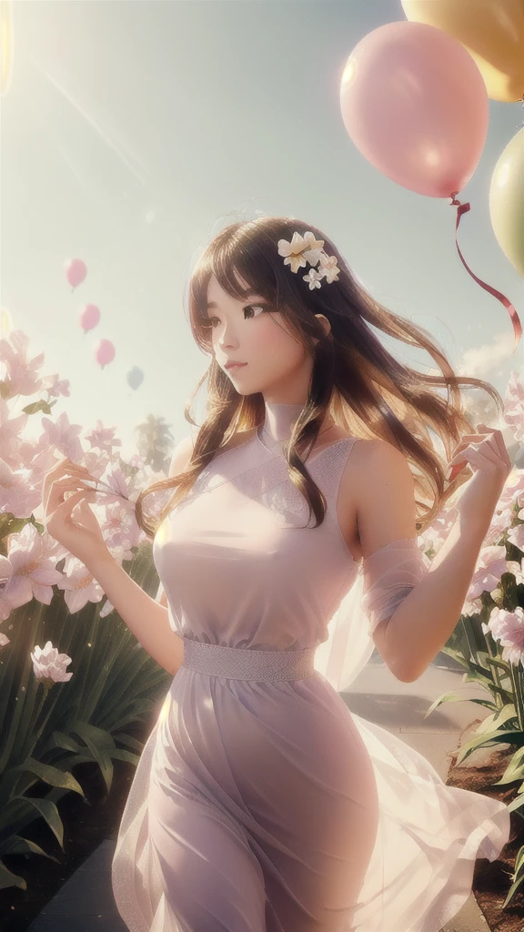 A low-angle photograph captures a Thai woman walking gracefully through a pastel-themed flower garden, holding a bunch of pastel-colored balloons. She is dressed in a light floral pastel dress that flows gently as she moves. Her long, wavy hair floats in the breeze, adding a sense of airiness to the scene. The garden is filled with blooming pink, lavender, and white flowers, with the warm morning sunlight casting a golden glow over everything.

The low angle emphasizes the elegance of the woman and the floating balloons—pale pink, baby blue, and lavender—against a bright, clear sky. The way the sunlight filters through the balloons adds a whimsical, airy effect, and the gentle sway of her dress enhances the sense of movement and freedom.

In the foreground, the large flowers frame her beautifully, and the low angle creates a dreamlike, expansive feel. This perspective brings out the peaceful, playful essence of a calm, pastel-colored morning.