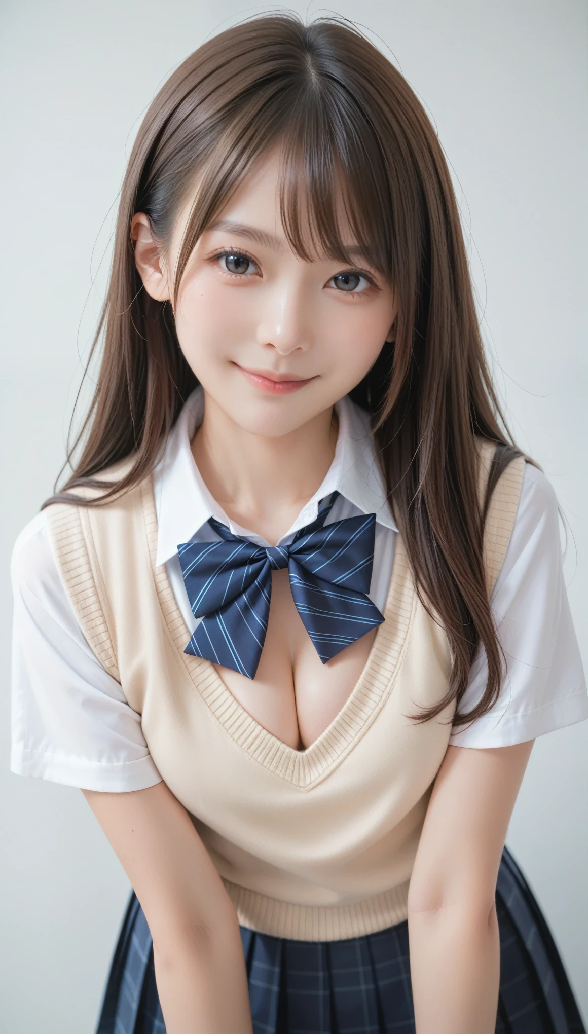 score_9,score_8_up,score_7_up,best,quality,ultra detailed,absolutely resolution,1 girl,brown hair,straight hair,School uniform,short sleeve,sweater vest,cleavage,Smile,from front,looking at viewer