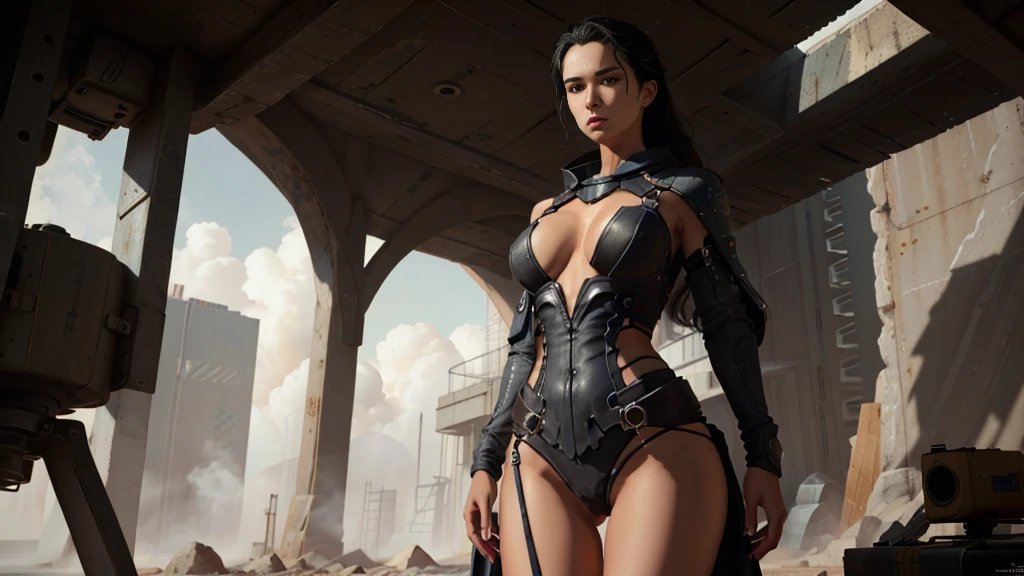 Andreja Va'ruun, sexy black hair, Andreja standing next to a robot. Large starship in the background, (full-length body:1.2),  topless,  minimalist:1.2 straight dark hair, (((masterpiece))), (best quality), (photorealistic:1.3), 8k, raytracing, rtx, realistic lighting:1.2, realistic textures:1.2, photorelistic render:1.2, detailed skin texture, beautiful detailed face, intricate details, ultra detailed,  large breasts:1.3, hourglass figure, thigh gap:1.3, shiny clothes, cinematic lighting, seductive pose