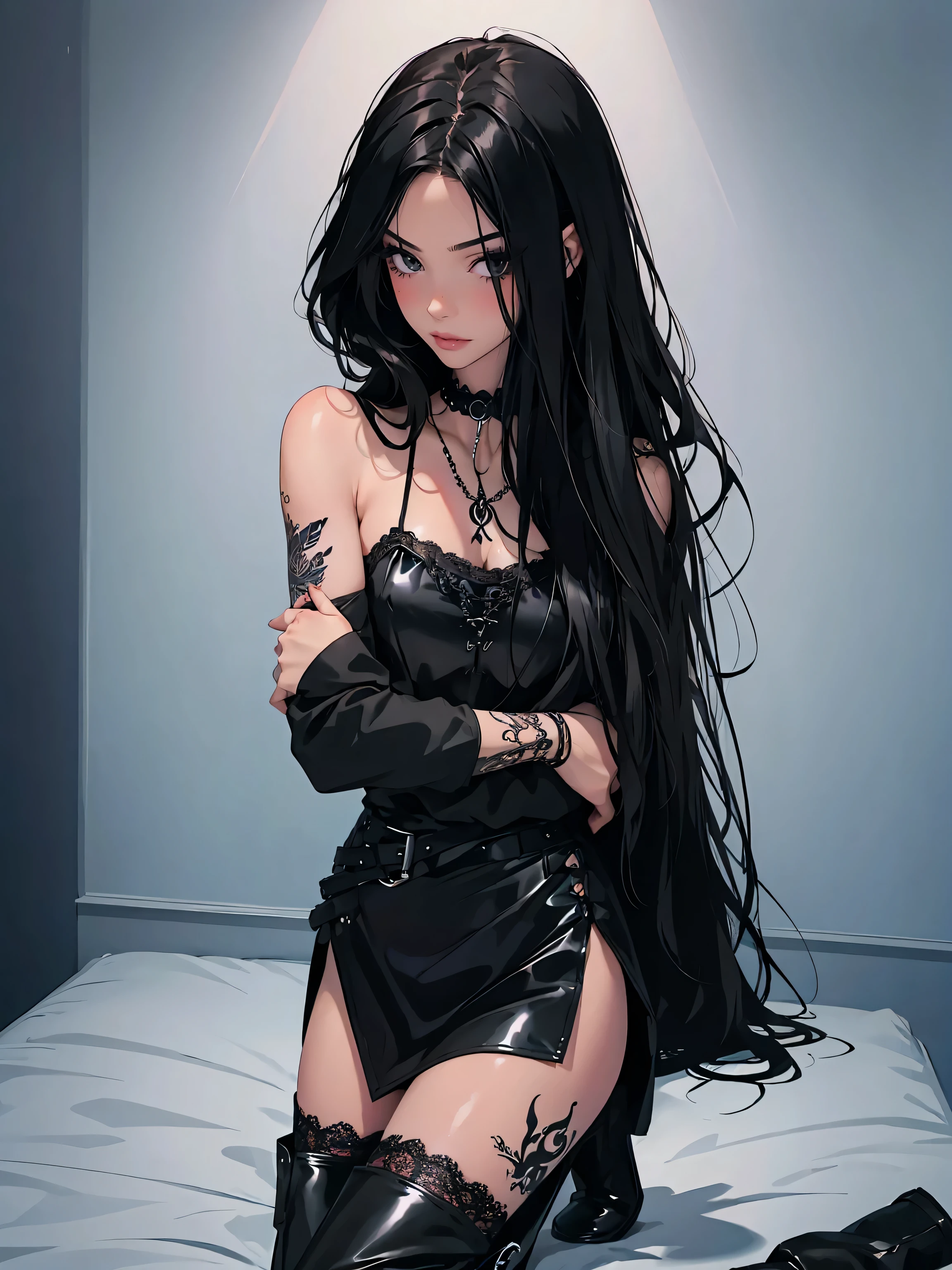 girl-model 1, beautiful, black hair, glossy hair, pretty eyes, beautiful figure, girl wearing cowboy boots, beautiful long legs, slave bracelets, slave choker, manicure, cute makeup, flirtatiously posing, hot summer, hot flirty, sexy posing, lace outfit, top quality, highest quality, pin-up style, ((gothic witch,, tattoos all over skin, tattoos covering arms and hands,)), face resembling nonsalemwitch, dark makeup, leather skirt, exposing thong, small breasts, black outfit, skinny, slender body