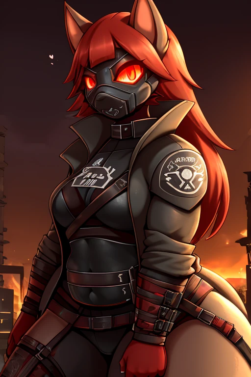 Anthro fur cat, chubby,((anarchist)), absurdity,  high definition ,  ultra-detailed, 1 girl,oversized jacket with ,whole body, original character,girl, mask from mortal kombat , { Best quality}}, {{masterpiece}}, {{ ultra-detailed}}, { illustration}, {Detailed light},kemono style, , silver fur, gray stripes on the body, glowing red eyes, Long red hair, Hair Cut, :3, she is dressed as Scarlet from Mortal Kombat, Scarlet cosplay  , Evil pose, grinning, using blood magic ,