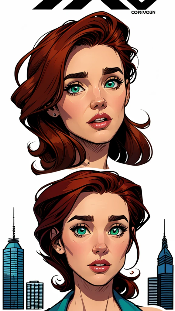  Turnaround sheet Cartoon image of a red-haired woman  . expression of sexual desire white background , cartoon art style, cartoon art style,  Eyes that captivate the viewer , highly detailed character design, Cute detailed digital art,  City fan art ,  digital illustration style , beautiful digital illustration,  high-quality portrait , comic art, young woman. green eyes: Average and wonderful buso Jennifer Connelly  