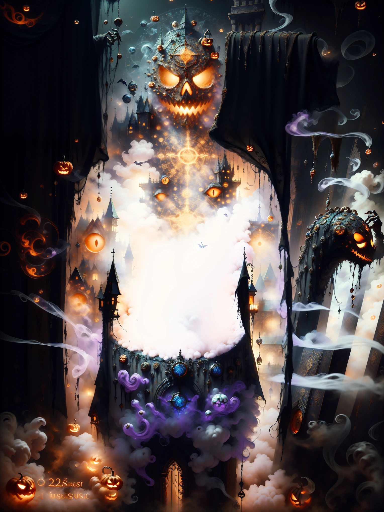 halloweenglowstyle, city, ghost,, (masterpiece, high quality, best quality:1.3), Detailed