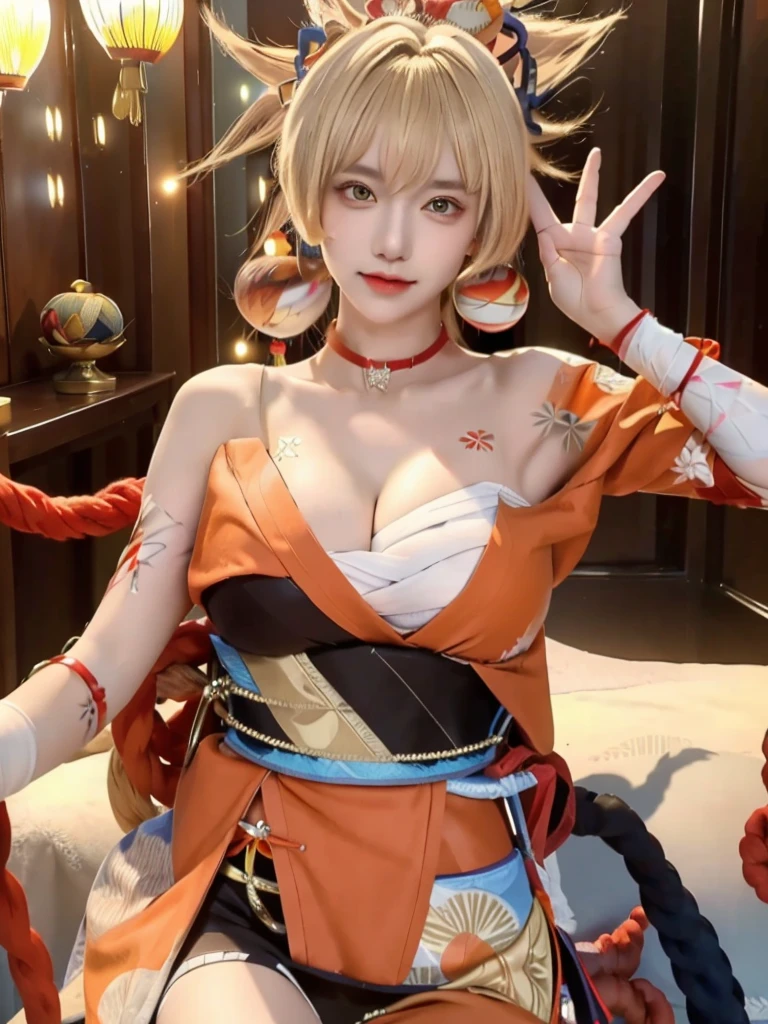 masterpiece, best quality, ultra detailed, beautiful and aesthetic, 1girl, solo, yoimiyadef, yoimiyarnd, genshin impact, blonde hair, yellow eyes, bangs, gigantic breasts, cleavage, looking at viewer, hair ornament, beautiful eyes, orange kimono, bandage, red rope, japanese scene