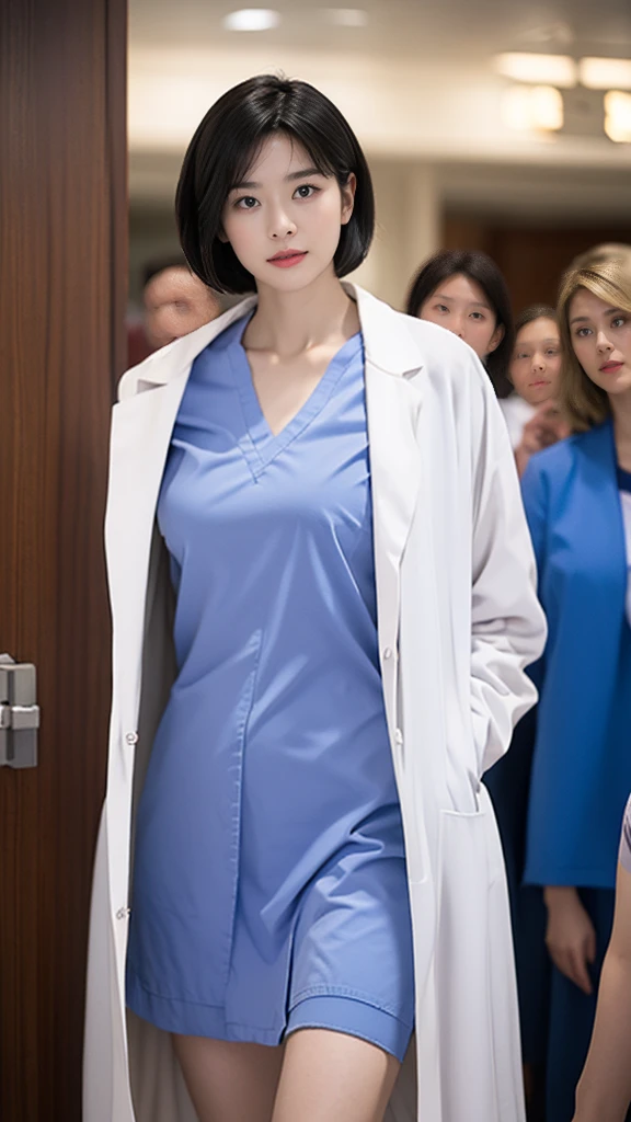 solo,  looks,  Kampala, masterpiece,  anatomically correct , Best Quality,  Multiple Award Winners ,  ultra-fine,  textured skin, woman、((doctor's lab coat)), The background is the entrance of a university hospital 、Age 30、doctor、Large Breasts、Center parted short hair、