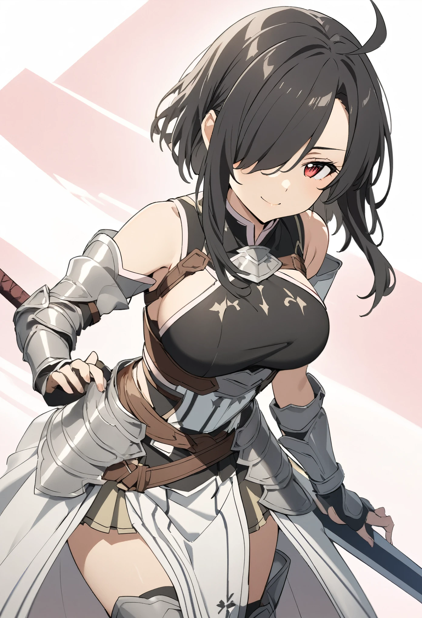 (high-quality, breathtaking),(expressive eyes, perfect face) 1girl, female, solo, mature, half open eyes, Alicization, Symmetrical Eyes, simple background, gentle smile, long hair, fantasy outfit, SAO inspired, maomao, armor, sword art online outfit, cowboy shot, medium full shot, black hair color, bangs, alluring red eyes, large breasts, knight attire, Bicep-high Gauntlets, Armored Boots, Thigh-high Heeled Boots, Armored Gauntlets, Adventurer gear, Skirt, black white and pink color palette, black clothes, light pink accents on clothes, hair between eyes, short black hair, half open eyes, hair over one eye, small Ahoge, bright red eye color, short hair, (NO braids in hair)