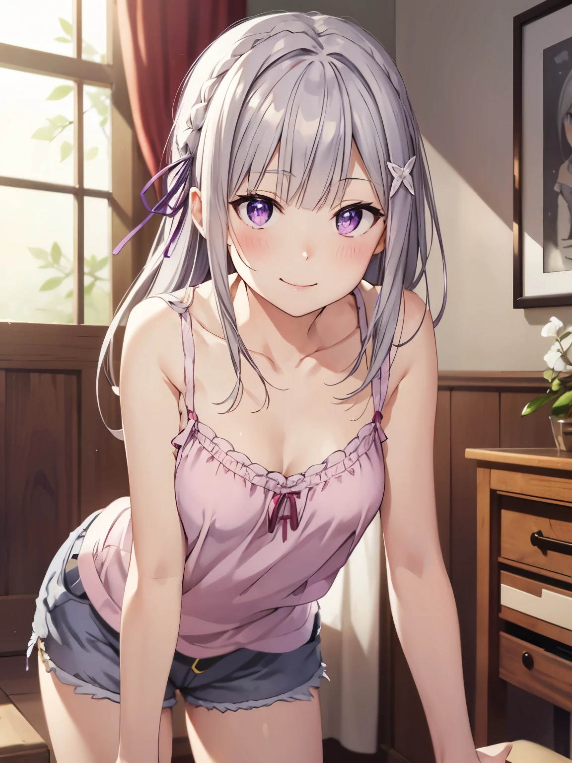 Super detailed,  Kampala,Emilia、 shot from the front、whole body、smile、Emilia、indoor、bet、（ anime illustration style）、Closed Mouth、smile、Beautiful silver hair 、 charming purple eyes 、Hands on chest、 Hair Ribbon 、 1 girl, Alone, Long Hair, ( camisole、 shorts:1.5), cowboy shot、  perfect lighting, Extremely detailed CG、 (Genuine、Realisticな、Realistic)、Leaning forward