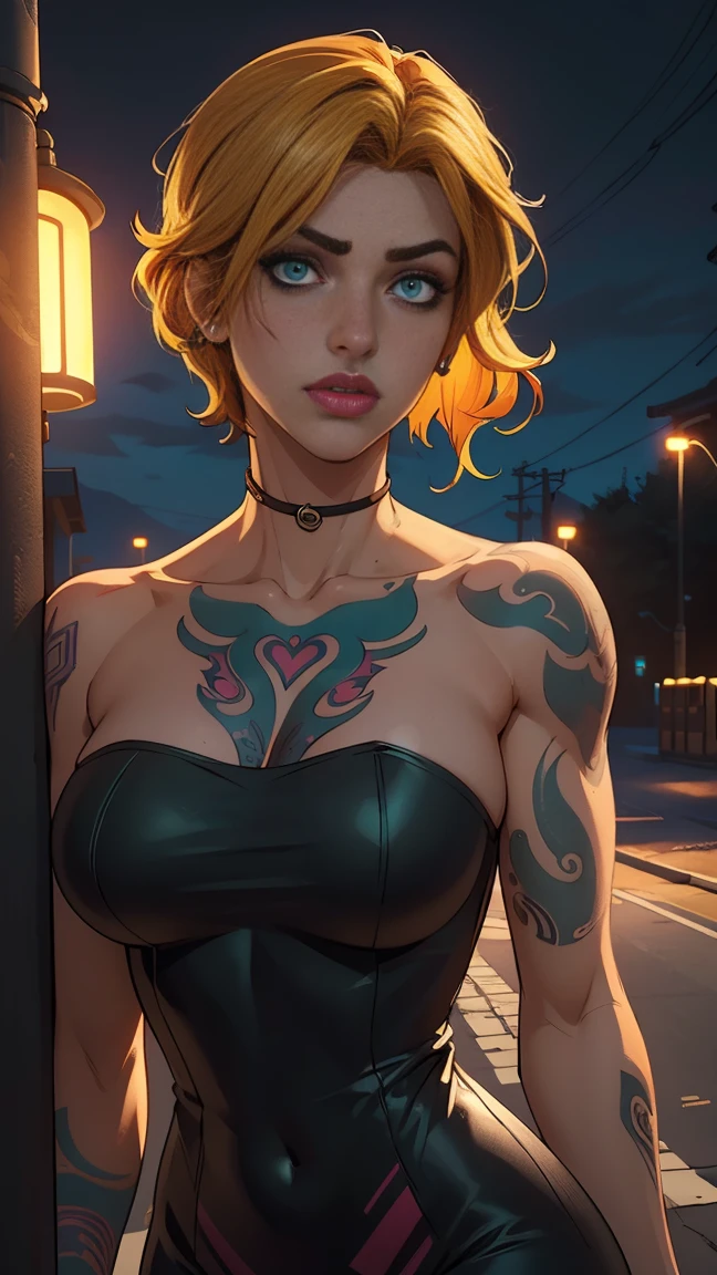 a beautiful girl with red and yellow hair wearing a fashion strapless tube dress,short wavy hair, in a park at night, (best quality,4k,8k,highres,masterpiece:1.2),ultra-detailed,(realistic,photorealistic,photo-realistic:1.4),extremely detailed eyes and face,longeyelashes,intricate details,dramatic lighting,warm colors,diffused light,glowing lampposts,moody atmosphere,cinematic composition, nsfw, ((hyperdefinition eyes, ultradetailed eyes,)), ((green iris)), body tattoo , black tattoo, tribale tattoo, Gta5, all body portrait, all body photo