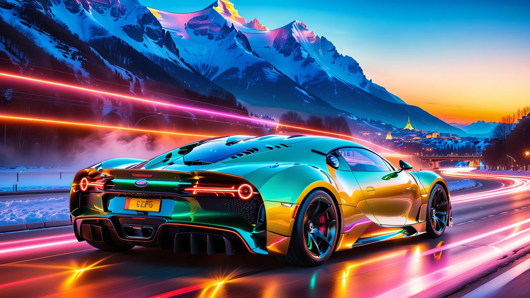 A Masterpiece In 32K Resolution, Supreme Quality, Super Detail, Official Art, Very High-Resolution 32K Wallpaper. Gleaming And Technological, Ultra-Detailed Features. Above, The Sky Is Alive With Glowing Auroras And Vibrant Light Trails. Majestic Mountains Rise Above The City, Creating A Striking Contrast Against The Technological Marvels Below, Embodying The Essence Of This Futuristic World. A Supercars The Bugatti Chiron Super Sport 300+ Blazes Through The City Streets, Its Polished Carbon Fiber Body Gleaming Under The Neon Lights, Speed Effortlessly Through The Floating Roads, Leaving Bright, Fluorescent Light Trails In Their Wake. Their Sleek, Futuristic Designs Reflect The Neon Glows, Their Aerodynamic Bodies Blending With The Utopian City As They Race Across The Skyline.