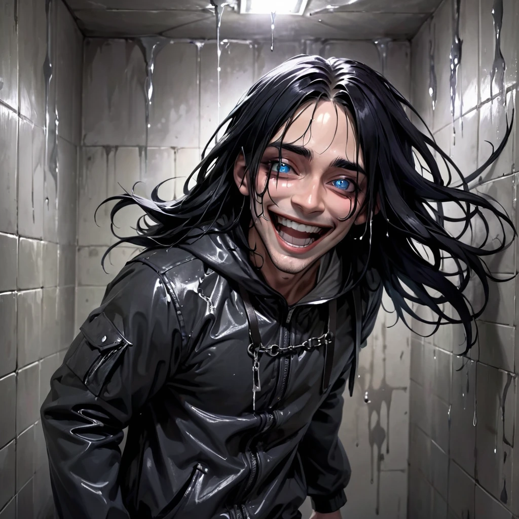 Handsome Gothic male with long black hair in an asylum, in a padded room, wearing a straight jacket smiling with tears running down his face from his black eyeshadow, madness, smiling, mouths and eyes coming out the walls with arms trying to reach him, dark horror theme, dark art, chaos, walls melting nightmares