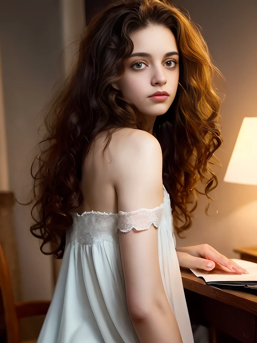  portrait of an ugly ,  18-year-old girl with an ugly face, russo, in nightgown, pretty butt , very long curly hair, Abed ( private study, , Atmospheric light: 1,2) nsfw  nude