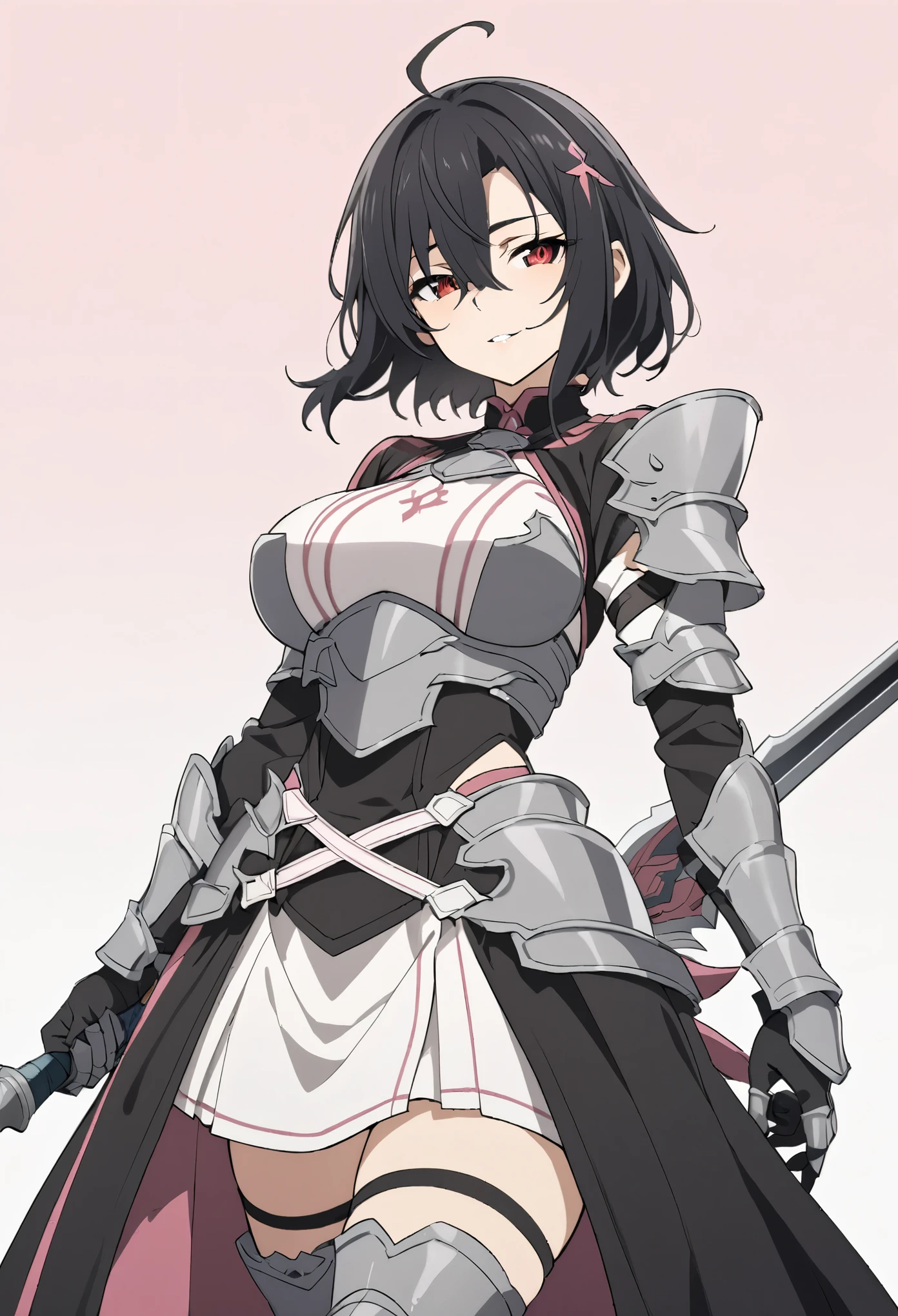 (high-quality, breathtaking),(expressive eyes, perfect face) 1girl, female, solo, mature, half open eyes, Alicization, Symmetrical Eyes, simple background, seductive smile, fantasy outfit, SAO inspired, maomao, armor, sword art online outfit, cowboy shot, medium full shot, black hair color, bangs, alluring red eyes, large breasts, knight attire, Bicep-high Gauntlets, Armored Boots, Thigh-high Heeled Boots, Armored Gauntlets, Adventurer gear, Skirt, black white and pink color palette, black clothes, light pink accents on clothes, hair between eyes, short black hair, half open eyes, hair over one eye, small Ahoge, bright red eye color, short hair, (NO braids in hair)