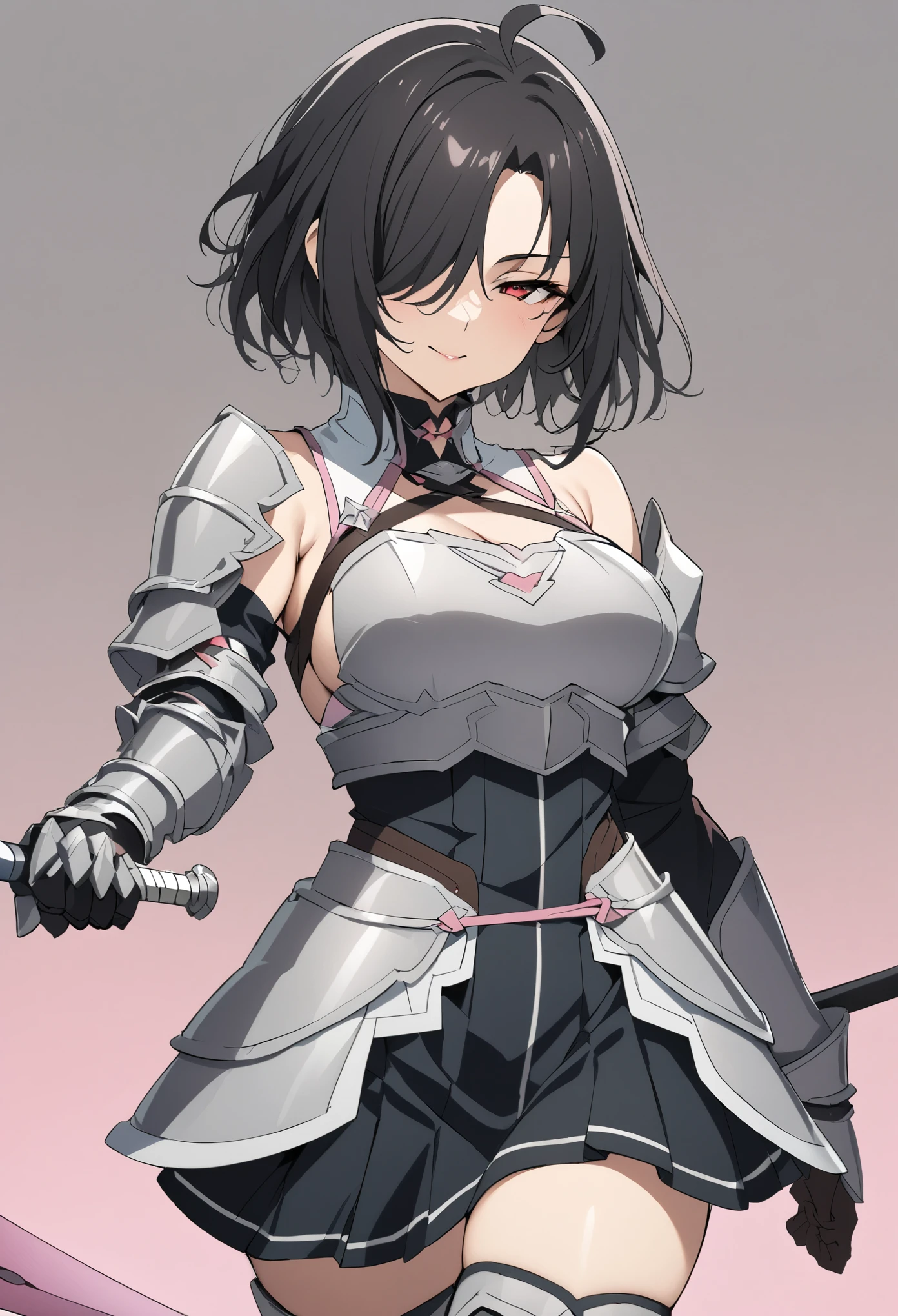 (high-quality, breathtaking),(expressive eyes, perfect face) 1girl, female, solo, mature, half open eyes, Alicization, Symmetrical Eyes, simple background, seductive smile, fantasy outfit, SAO inspired, maomao, armor, sword art online outfit, cowboy shot, medium full shot, black hair color, bangs, alluring red eyes, large breasts, knight attire, Bicep-high Gauntlets, Armored Boots, Thigh-high Heeled Boots, Armored Gauntlets, Adventurer gear, Skirt, black white and pink color palette, black clothes, light pink accents on clothes, hair between eyes, short black hair, half open eyes, hair over one eye, small Ahoge, bright red eye color, short hair, (NO braids in hair)