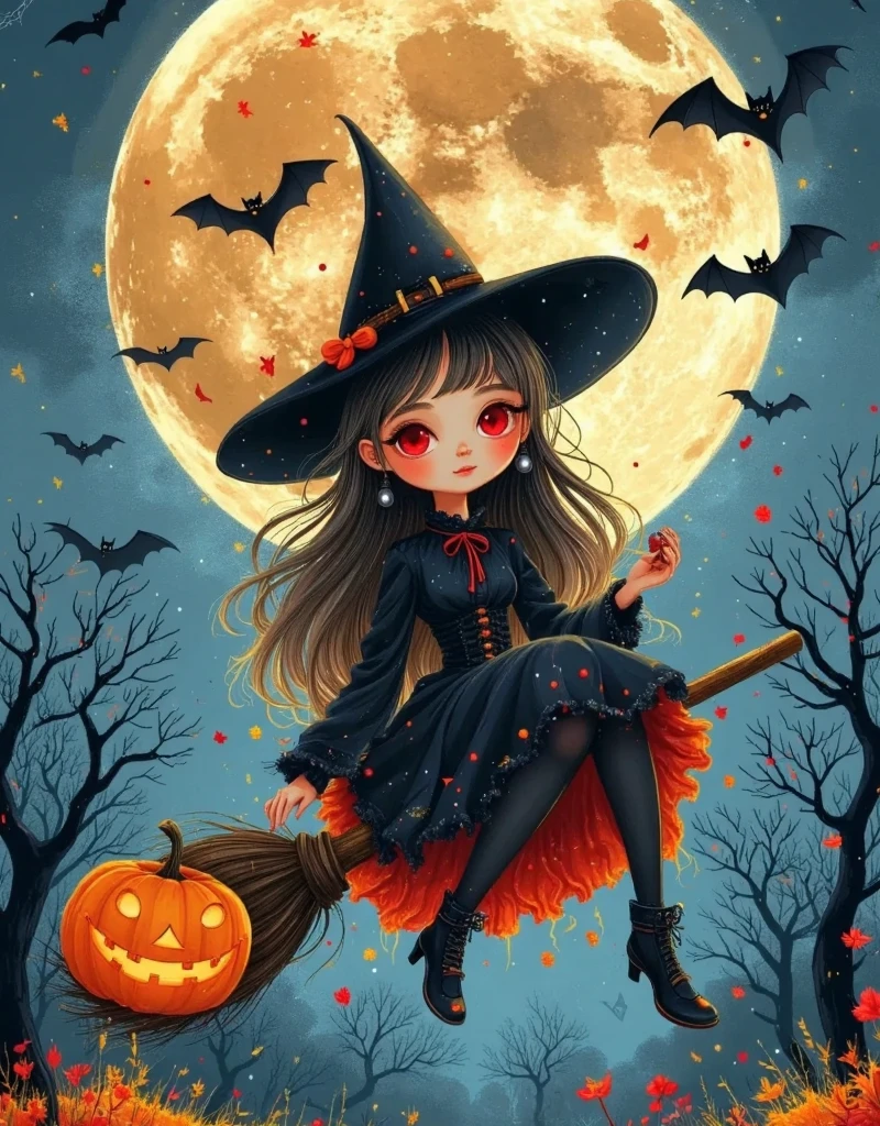 Anime style, Panoramic top-down shot, in the night sky, full moon, (cute witch is flying in the sky on a broomstick:1.5), (riding a broomstick:1.3), witch in a cape, wearing a magic hat, black shorts, black stockings, throwing candy in her hand, bats flying in the sky, looking at the camera, (there is a burning English saying Happy Halloween in the sky), contrast between warm and cool tones,  two-dimensional flat cartoon ， hand-painted graffiti ，Minimalism，Line Drawing，Stroke，Smooth lines， with clear strokes ， The shape is cute and simple，High color saturation ，White Space